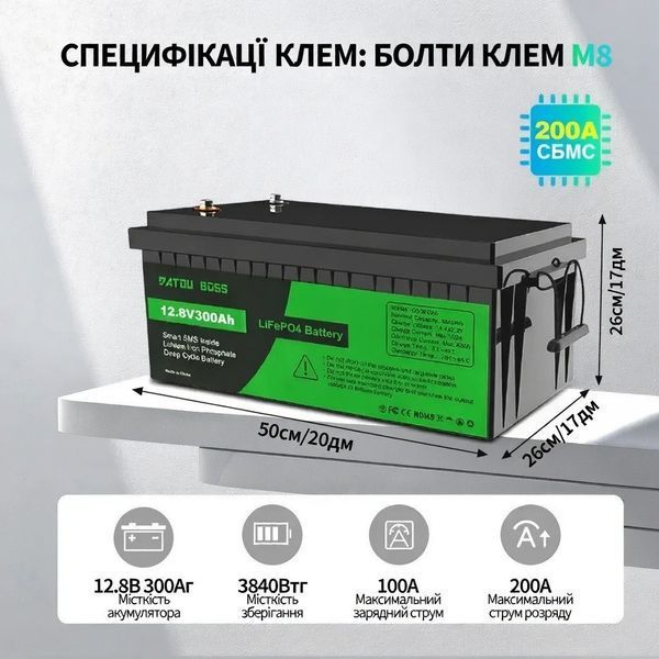 Акумулятор DATOU BOSS LiFePO4 12 V / 300 Ah (3840 Wh) для систем резервного живлення (UPS) вдома 17110 фото