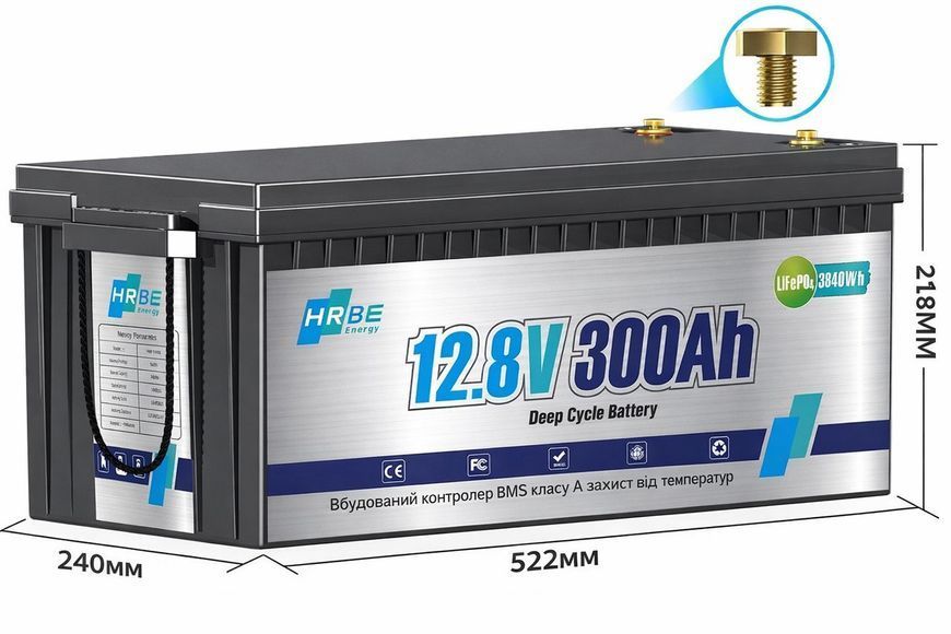 Акумулятор LiFePO4 12,8 V 300 Ah (3,84 кВт&middot;год) HRBEnergyс BMS для систем резервного живлення 17120 фото