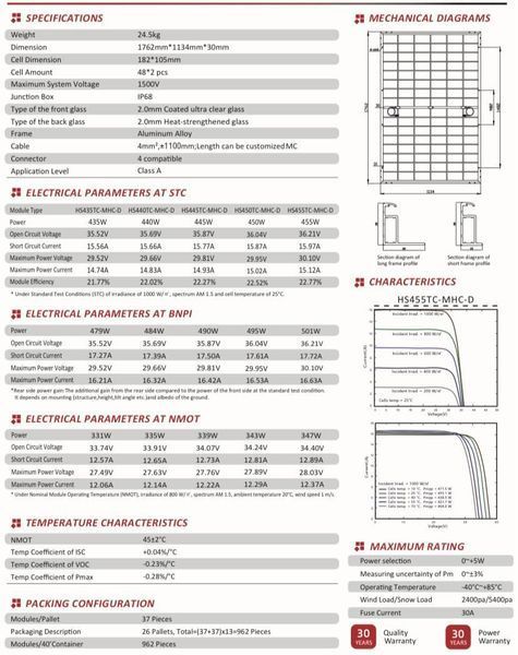 Сонячна панель HORAY Solar HS455TC-MHC-D 455W двостороння (Bifacial TOPCon N-Type) Н455 фото