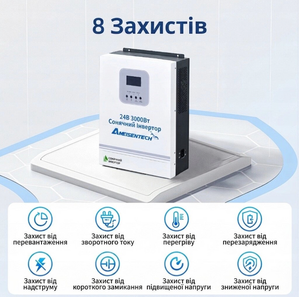 Гібридний інвертор Ameisentech 3 кВт WiFi 24В 100А для LiFePO4 АКБ та сонячних панелей 30668 фото