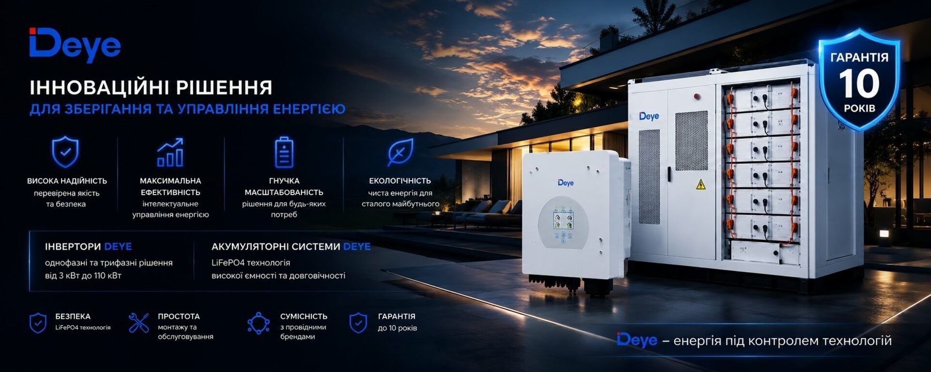 Інвертори DEYE, гібридні інвертори, акумуляторні системи та обладнання для сонячних електростанцій — надійні рішення для автономного та мережевого енергопостачання