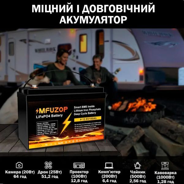 LiFePO4 12V 100Ah Акумулятор Mfuzop 1280Wh, 100A, BMS для ДБЖ з складними ручками 17108 фото