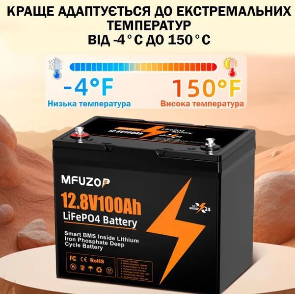 LiFePO4 12V 100Ah Акумулятор Mfuzop 1280Wh, 100A, BMS для ДБЖ з складними ручками 17108 фото